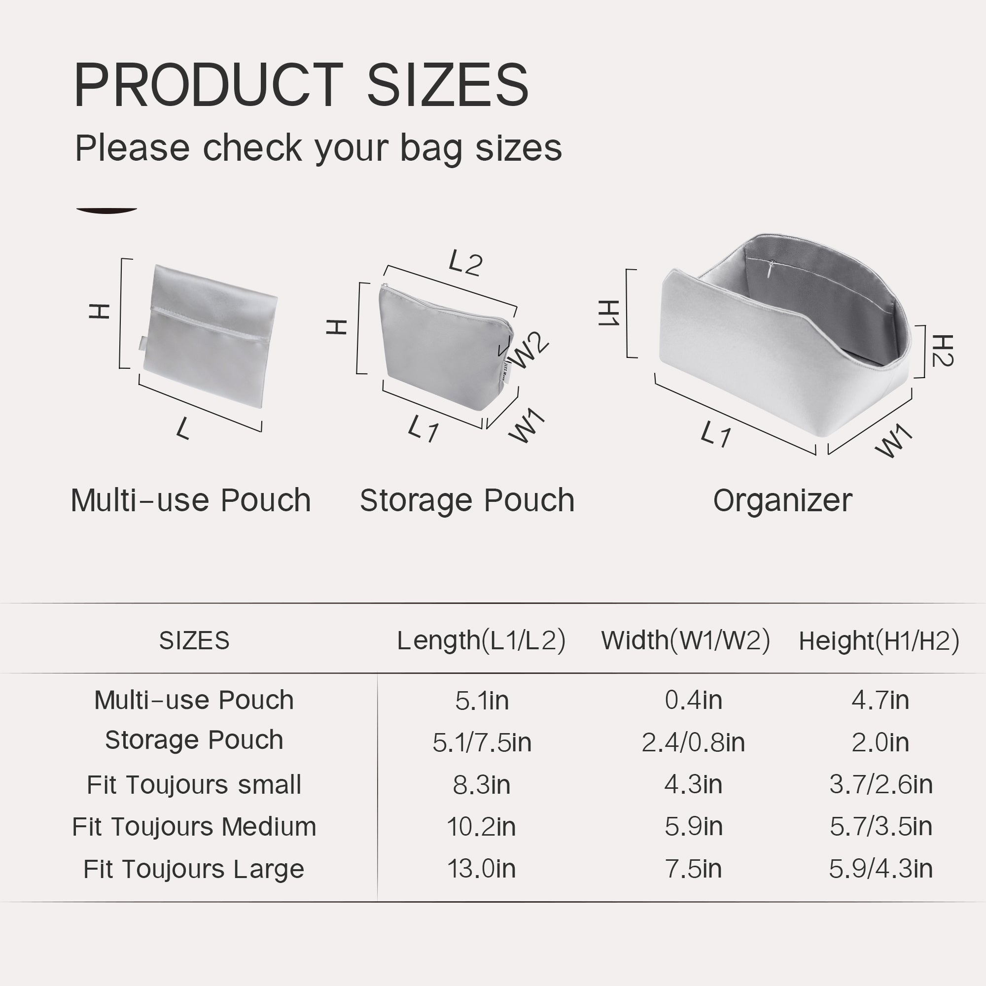 Silky Purse Insert Organizer 3 Set for Toujours Bags, Silk Touch