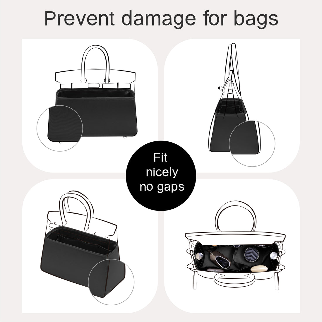 Silky Bag Insert Organizer 3 Set Fit for Birkin/HAC/Kelly/Herbag/Garden Party/Picotin/Lindy, Silk Liner and Storage Pouch