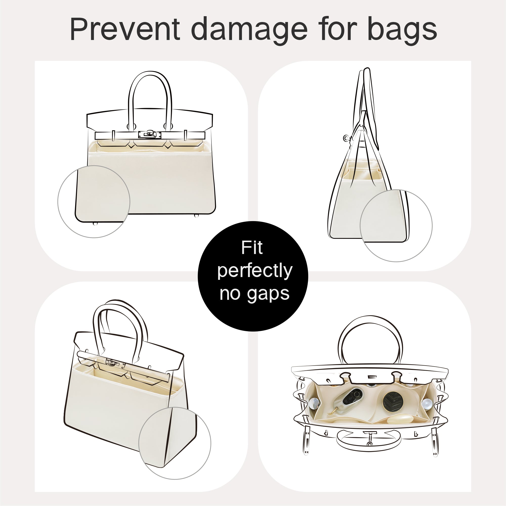Silky Bag Insert Fit for Birkin 25/30/35, Lightweight and Silk Touch, Side Zipper Design
