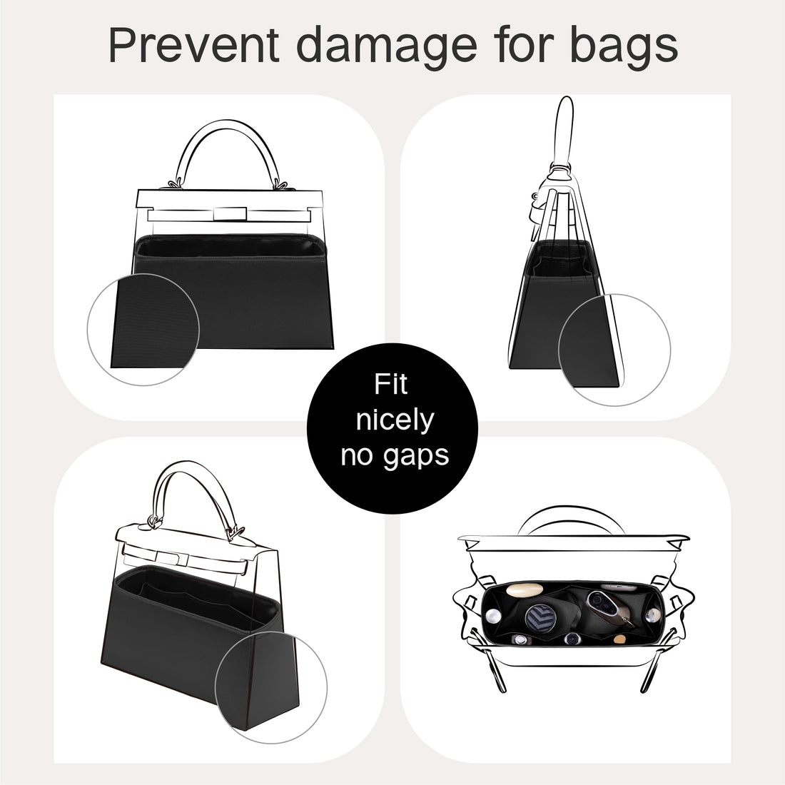 Silky Bag Insert Organizer 3 Set Fit for Kelly Pochette/Mini II/20/Danse/2424 mini, Silk Liner and Storage Pouch