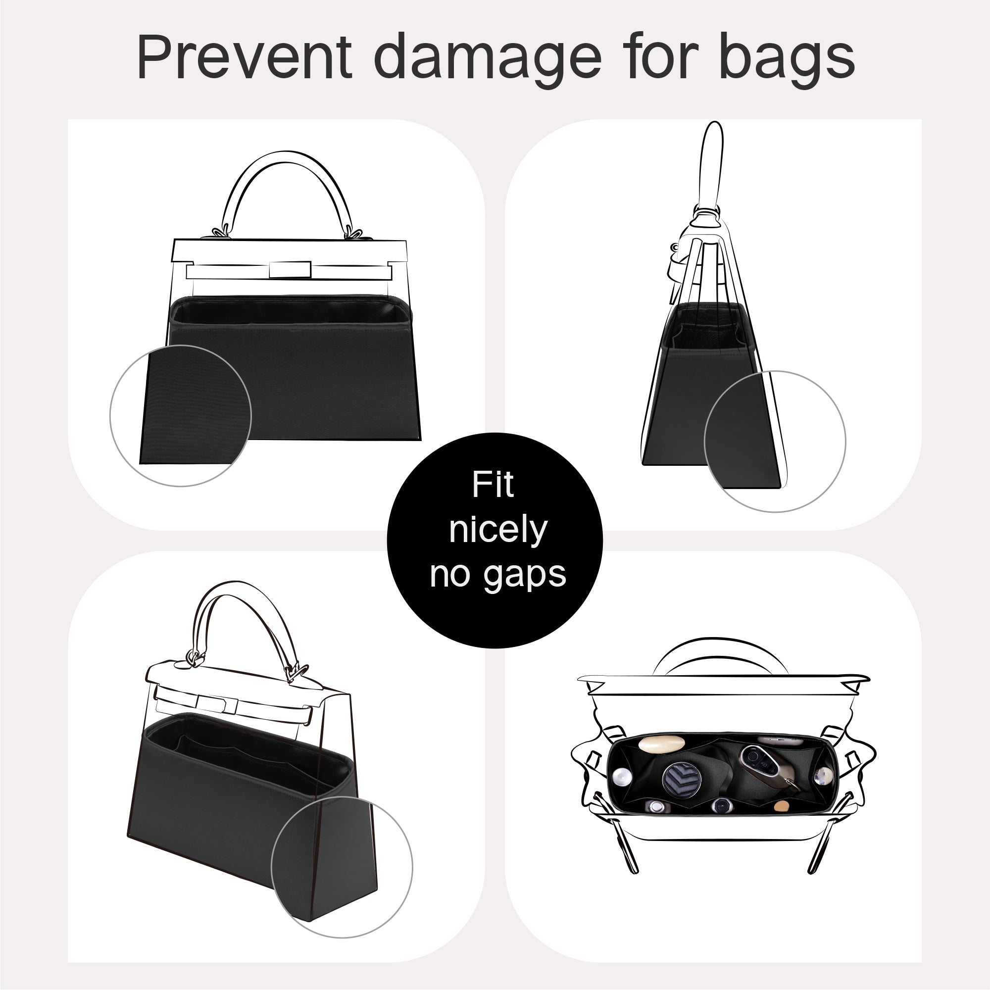 Silky Bag Insert Organizer 3 Set Fit for Kelly Pochette/Mini II/20/Danse/2424 mini, Silk Liner and Storage Pouch