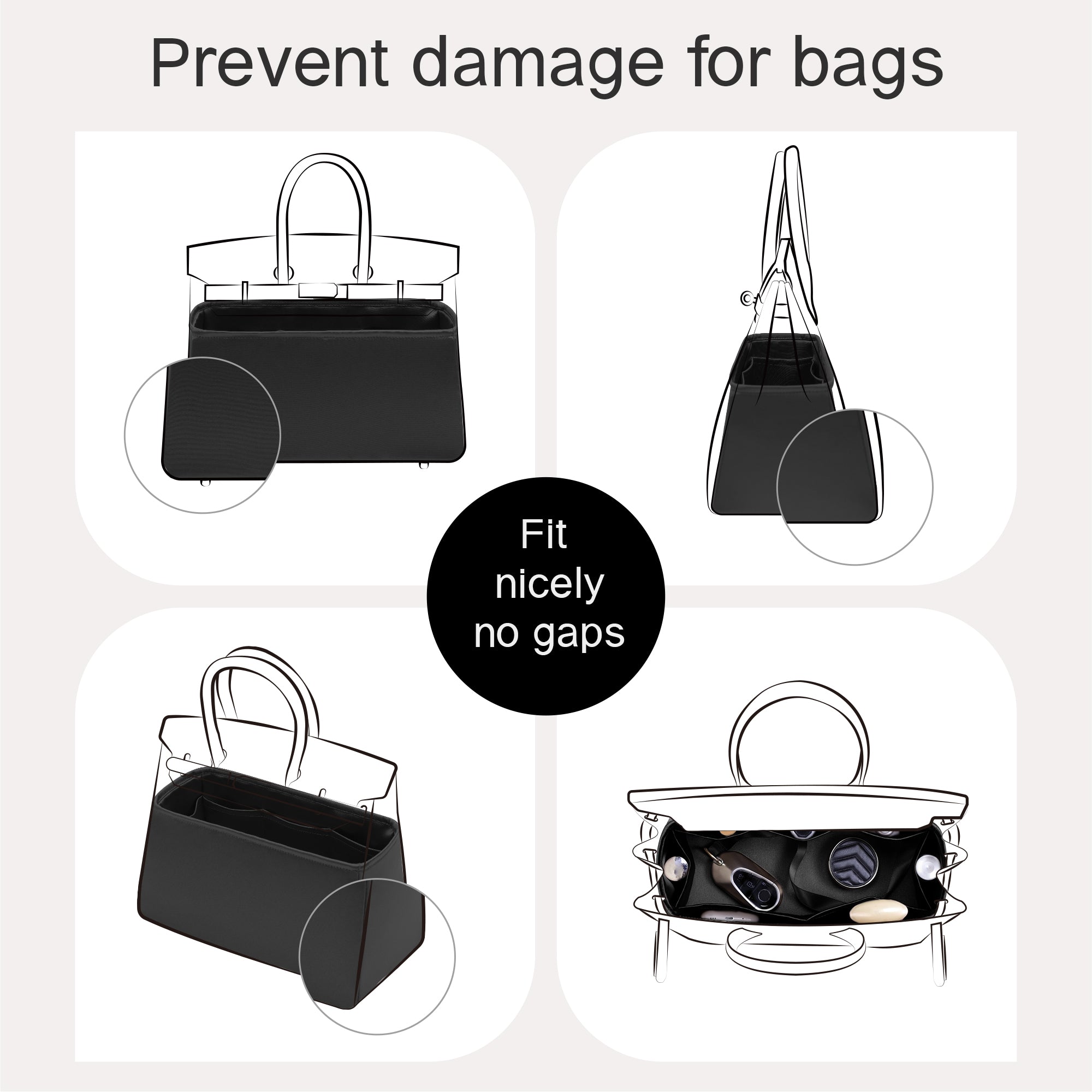 Silky Bag Insert Organizer 3 Set Fit for Birkin 25/30/35, Silk Liner and Storage Pouch