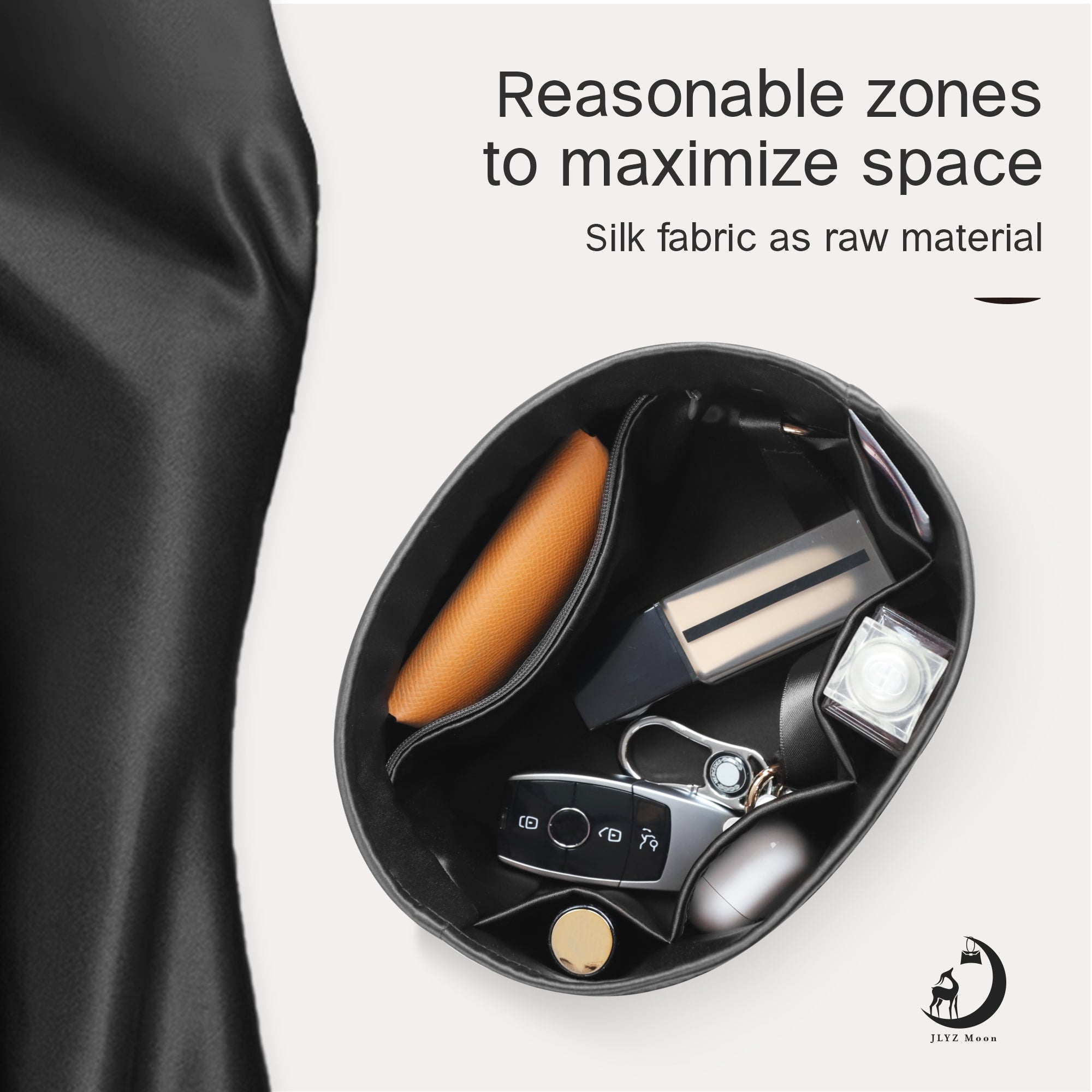 JLYZ Moon Picotin 18 Bag Insert Oval with Zipper, Purse Organizer Compatible with Hermes Picotin, Silky Bag Insert, Lightweight and Soft Touch