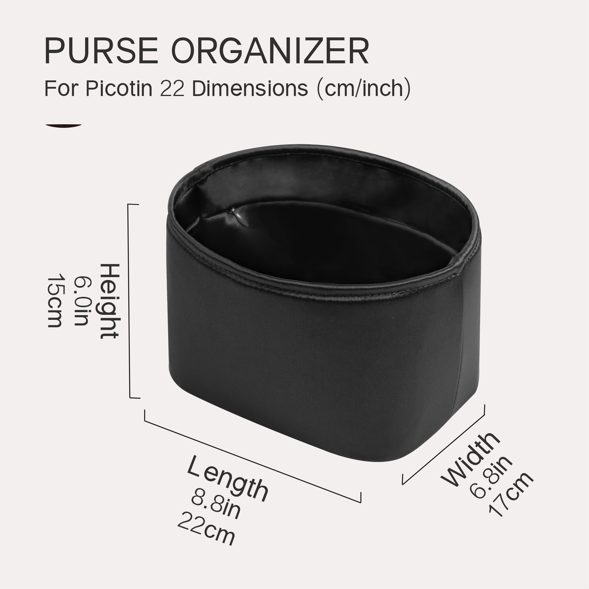 JLYZ Moon Picotin 18 Bag Insert Oval with Zipper, Purse Organizer Compatible with Hermes Picotin, Silky Bag Insert, Lightweight and Soft Touch