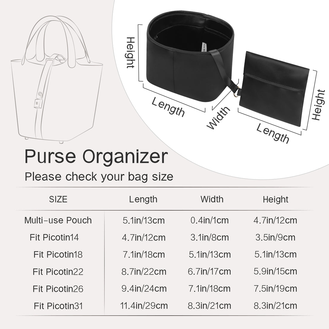 Silky Bag Insert Organizer 2 Set Fit for Picotin 18/22, Silk Liner and Storage Pouch, Fit for Hermes Picotin 18/22