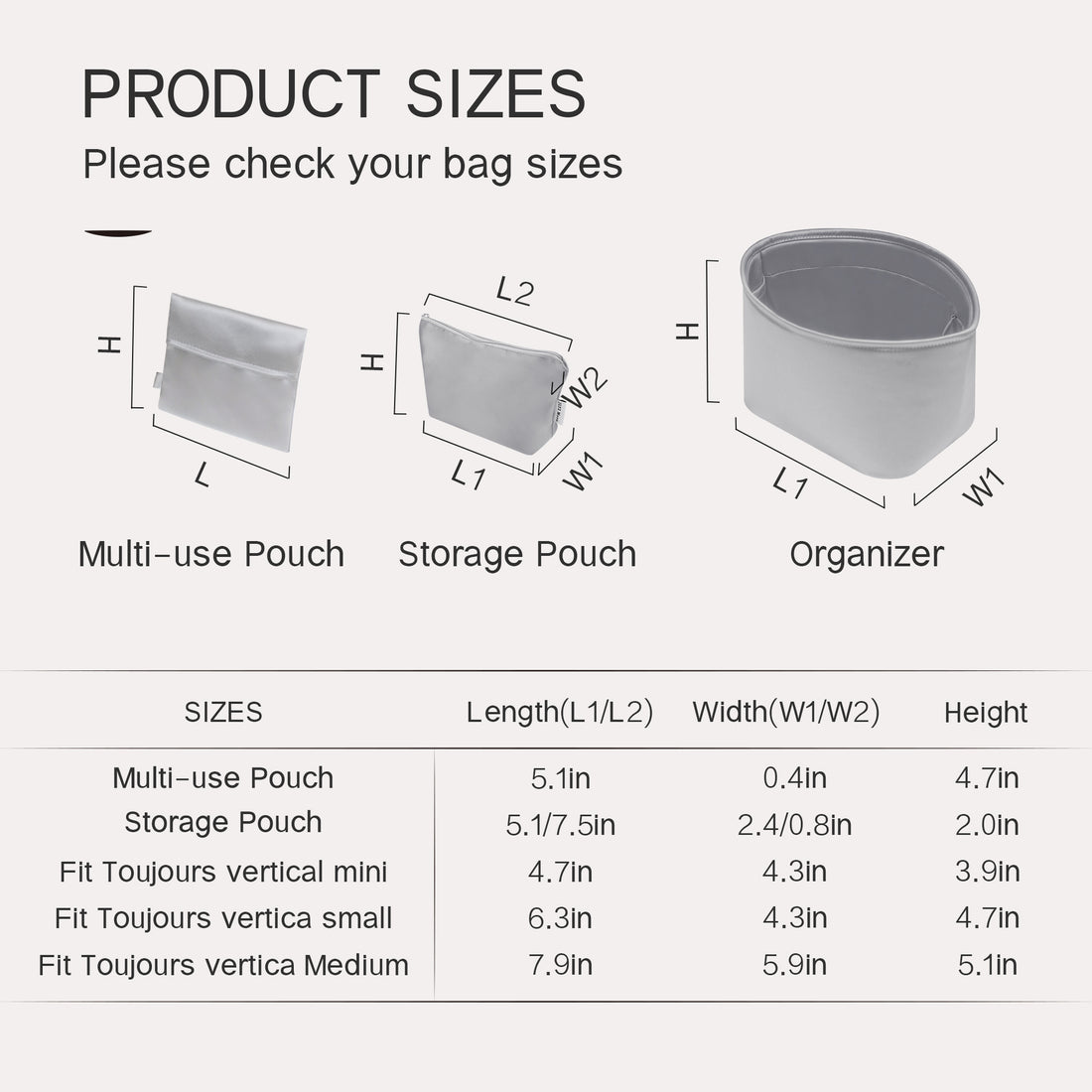 Silky Purse Insert Organizer 3 Set for Toujours Vertical Bags, Silk Touch Bag Organizer, Luxury Handbag Shaper,Lightweight and Soft Touch