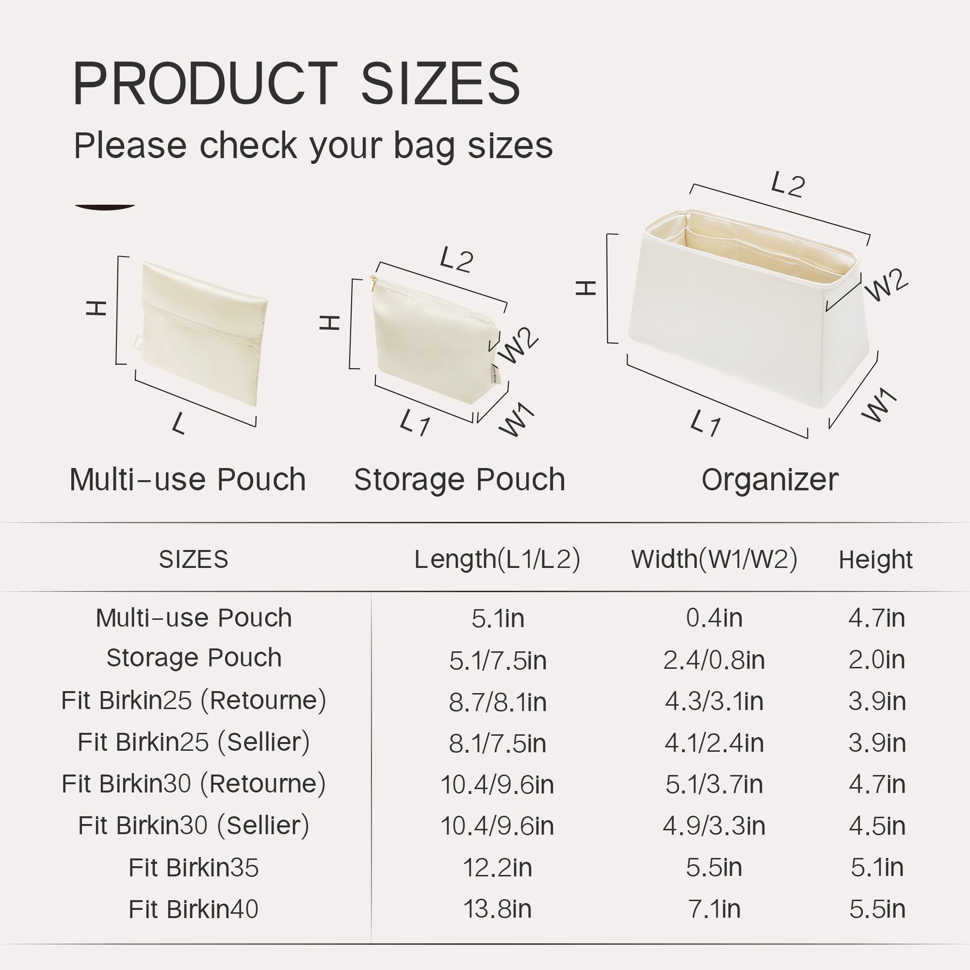 Silky Bag Insert Fit for Birkin 25/30/35, Lightweight and Silk Touch, Side Zipper Design